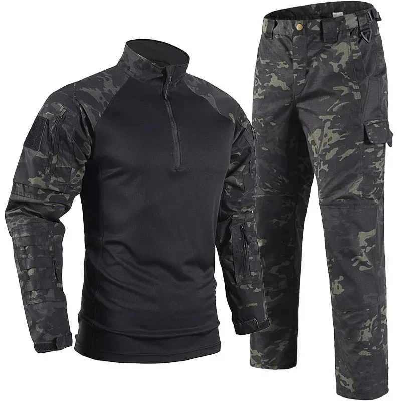 Ruïnes Camo Tactical Suits Heren Sets Ademende Sneldrogende Training T Shirts Multi-Pocket Slijtvaste Cargo Broek Jagen