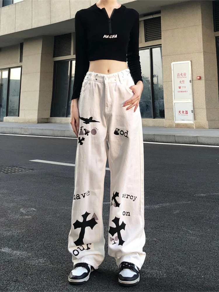 

New Cross Print Jeans Female High Waist Loose Straight Leg Wide Leg Casual Denim Pants Women Hip Hop White Jeans