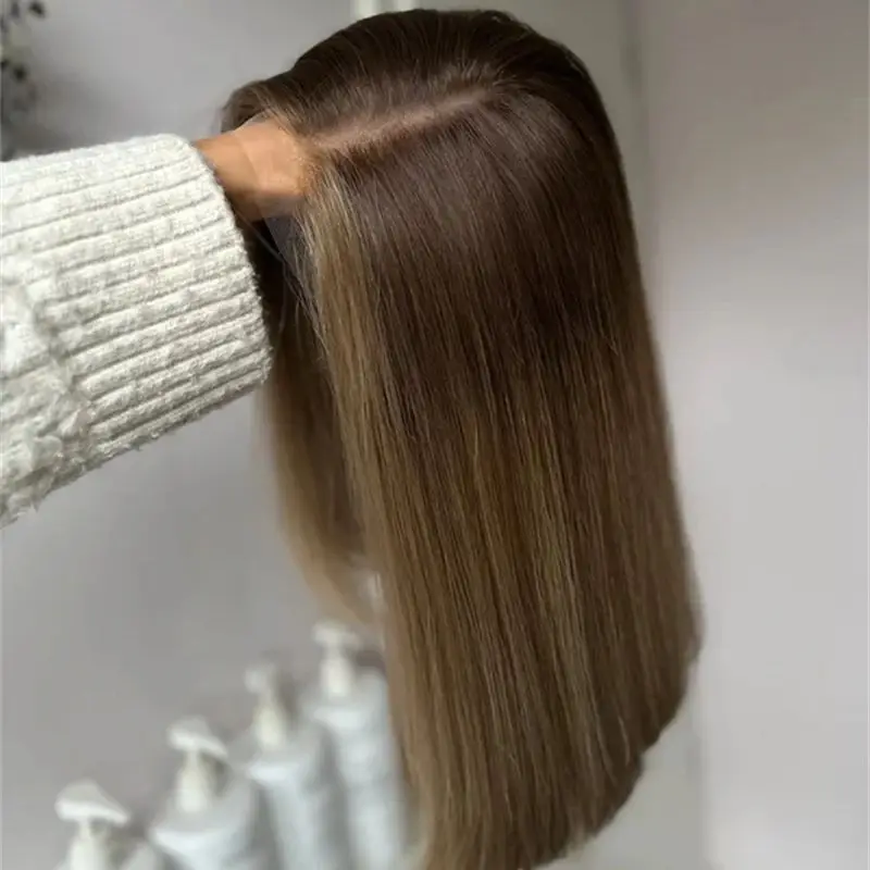 

Синтетический парик 13x4 Ombre Brown Blonde Highlights с HD-кружевной передней частью, без клея, с предварительно выщипанной линией роста волос, высококачественный, короткий прямой боб