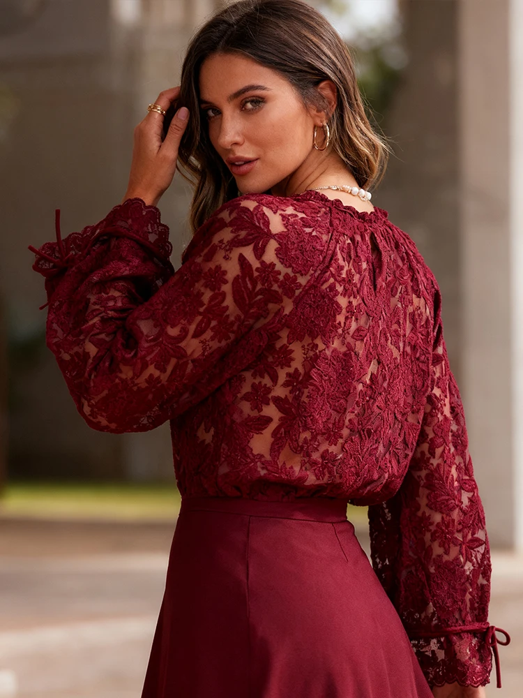Neue Heiße Verkäufer Elegante Knöpfe Semi-Transparent Gestickte Spitze Top Sexy Strickjacke Manschetten Krawatte Langarm-shirt Sommer frauen Kleidung