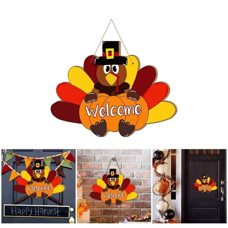 Turkey Gobble Welcome Sign Hanging Decoration Thanksgiving Wreath for Front Door Hanger Autumn Decoration A0KF