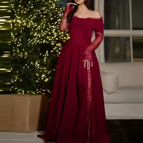 Elegant Long Sleeve Spliced Banquet Dress Fashion Pure Color Hollow Out Dress Temperament Luxury Lace Off Shoulder Evening Dress