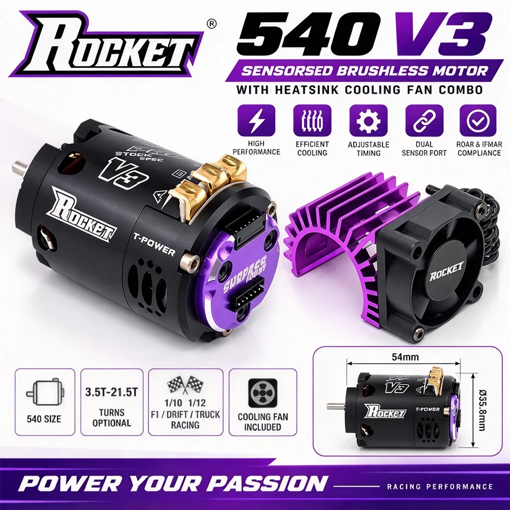 Surpass Hobby Rocket 540 V3 Sensored Brushless Motor with HeatSink Cooling Fan Combo for 1/10 1/12 F1 RC Drift Racing Car Truck