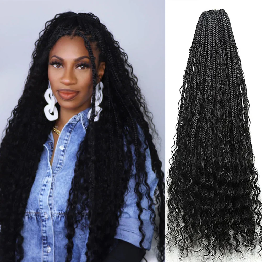 Crochet Boho Box Braids With Human Hair Curls Pre-looped Braiding Hair Extensions Synthetic Braid With Human Hair Curls End