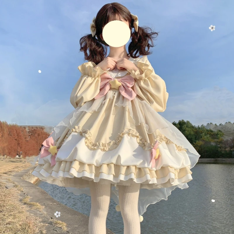 Mini vestido estilo lolita japonês para mulheres, babados bonitos, babados de malha, arco estrela, gola de marinheiro, mangas compridas, vestidos de princesa, kawaii