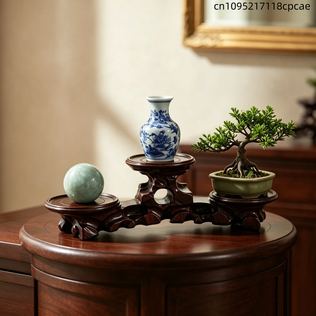 Root Carving Multi-Tier Round Base Rack Teapot Crystal Stone Ornament Decor Holder Home Decor Display Shelf Wooden Display Stand