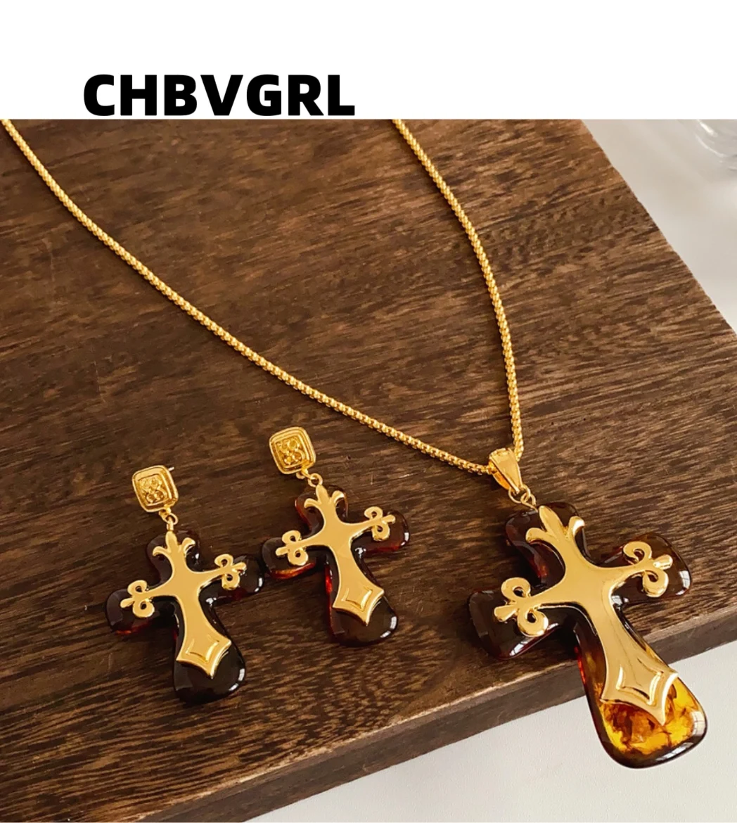 

High-end retro cross pendant set, Maillard style fashion, versatile earrings, necklace, temperament, exaggerated design, jewelry