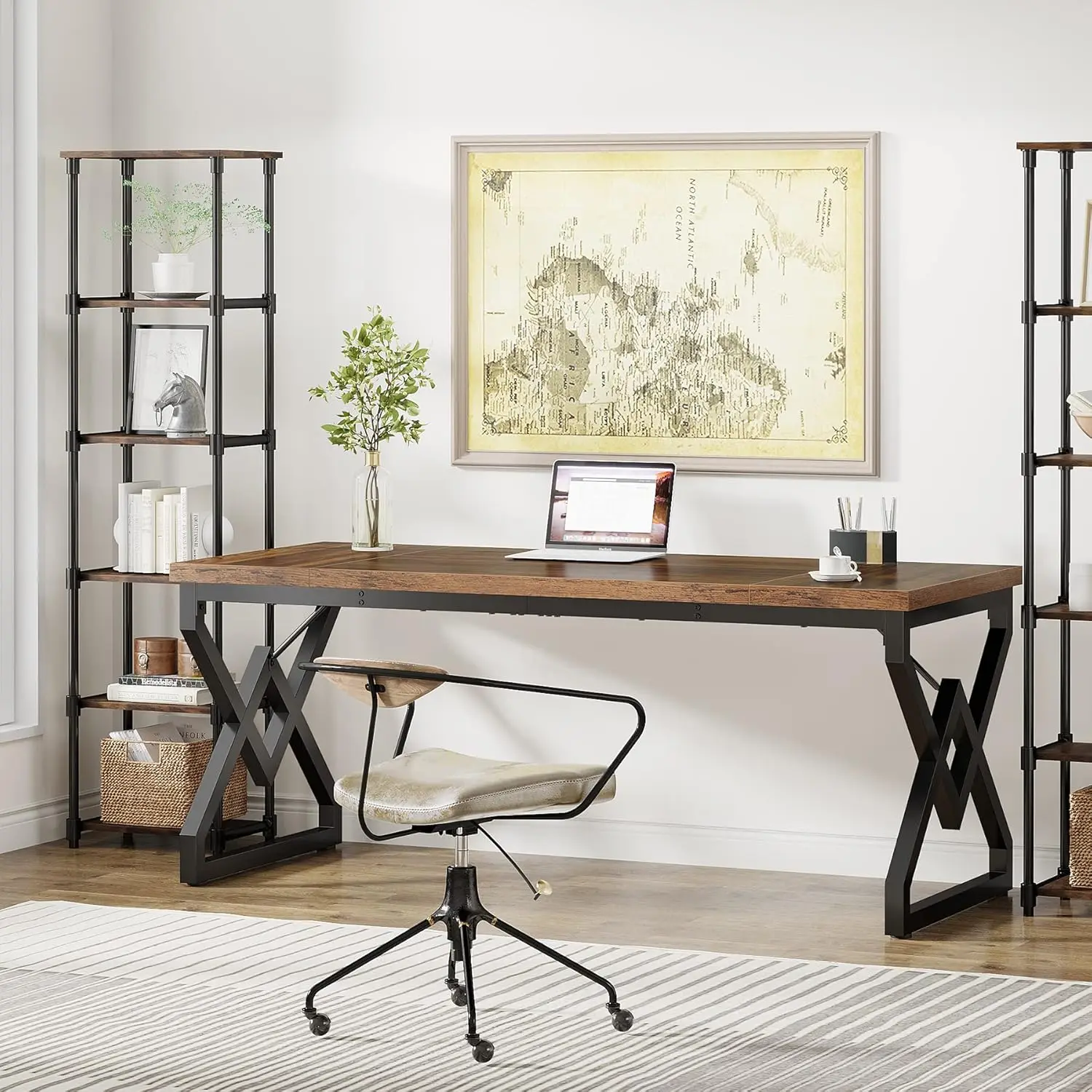 Tribesigns Executive Desk, Large Home Office Computer Desk with Extra Thick Wooden Tabletop and Metal Frame, Modern Simple