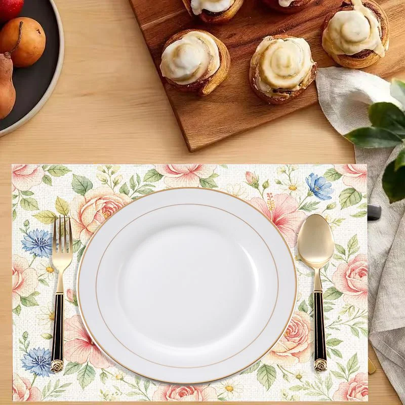 VIKAMA Vintage Pink Rose Floral Placemats Watercolor Flower Table Mat White Base Dining Kitchen Washable Table Decor