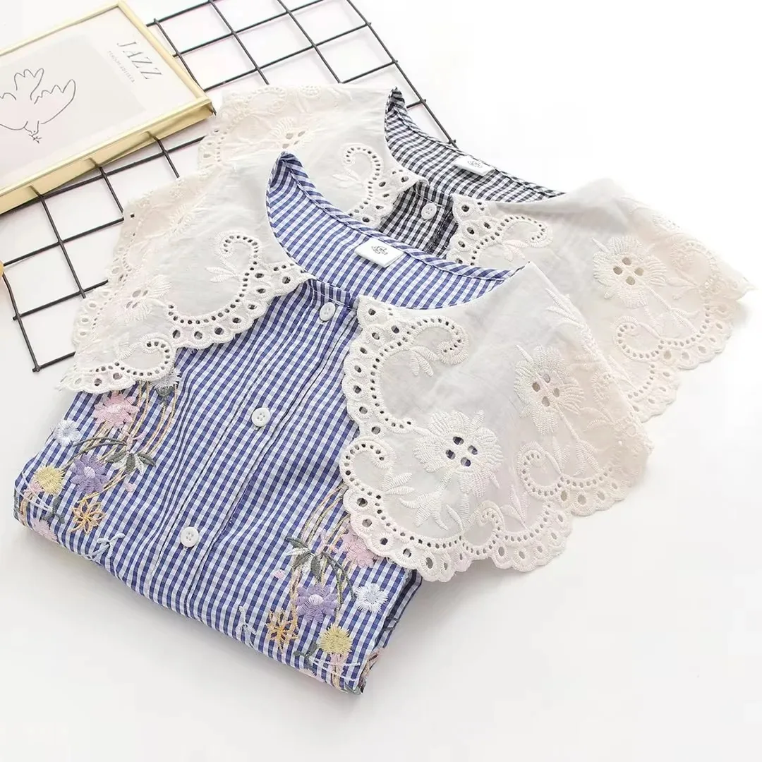 New Autumn Cotton Embroidery Shirts Women Peter Pan Collar Lace Tops Girl Long Sleeve Loose Blouses Sweet Cute Spring T39279QC