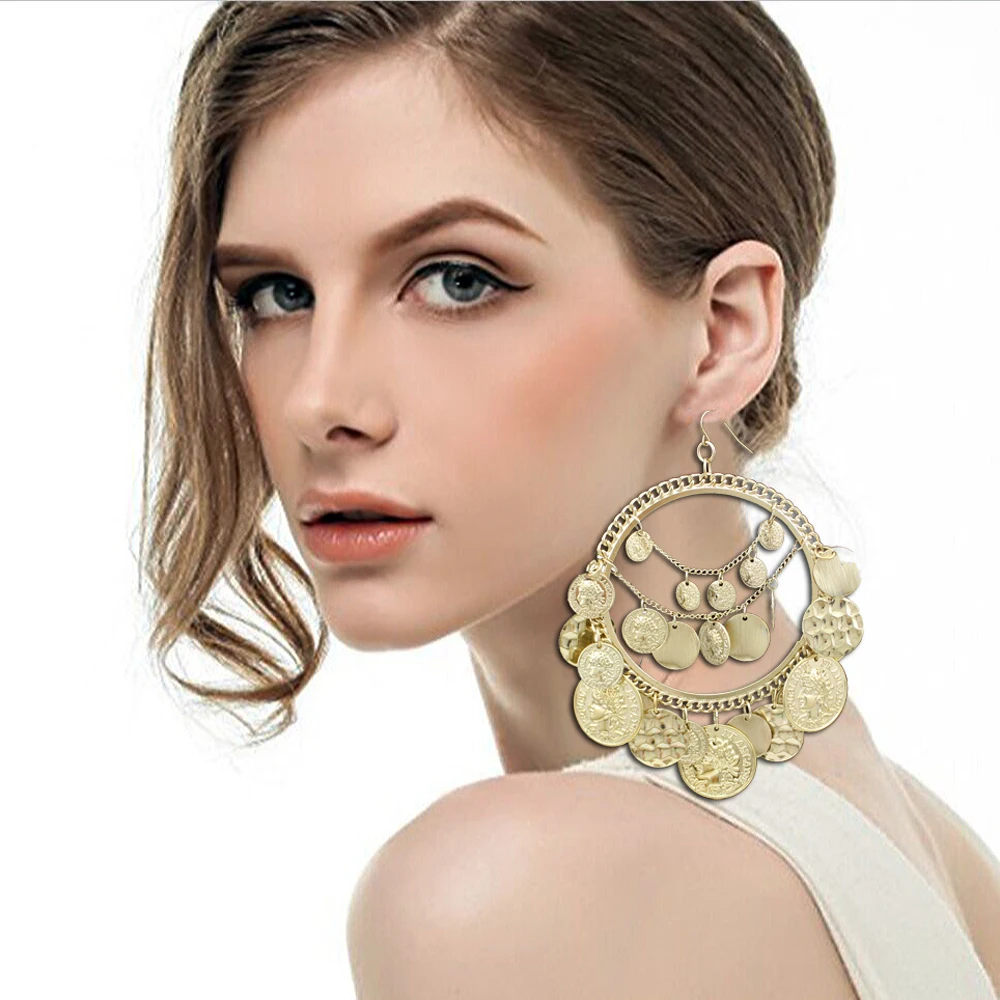 Vintage Tribal Coins Big Hoop Dangle Earrings For Women Geometric Punk Tassel Ear Pendants Jewelry Accessories Friendship Gifts