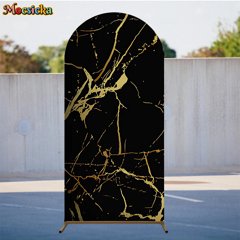 غطاء خلفيات على شكل قوس ذهبي أسود من Mocsicka لتزيين الحفلات على الوجهين، دعائم تصوير لحفلة استقبال المولود الجديد، خلفيات عيد ميلاد سعيد #2
