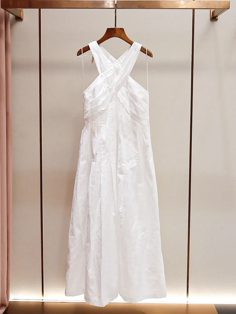 

VERLENA Elegant Women's Long Dresses 2025 Summer Sleeveless Wrap Pleated White Occasion Vacation High Quality Chic Dress, V-Neck