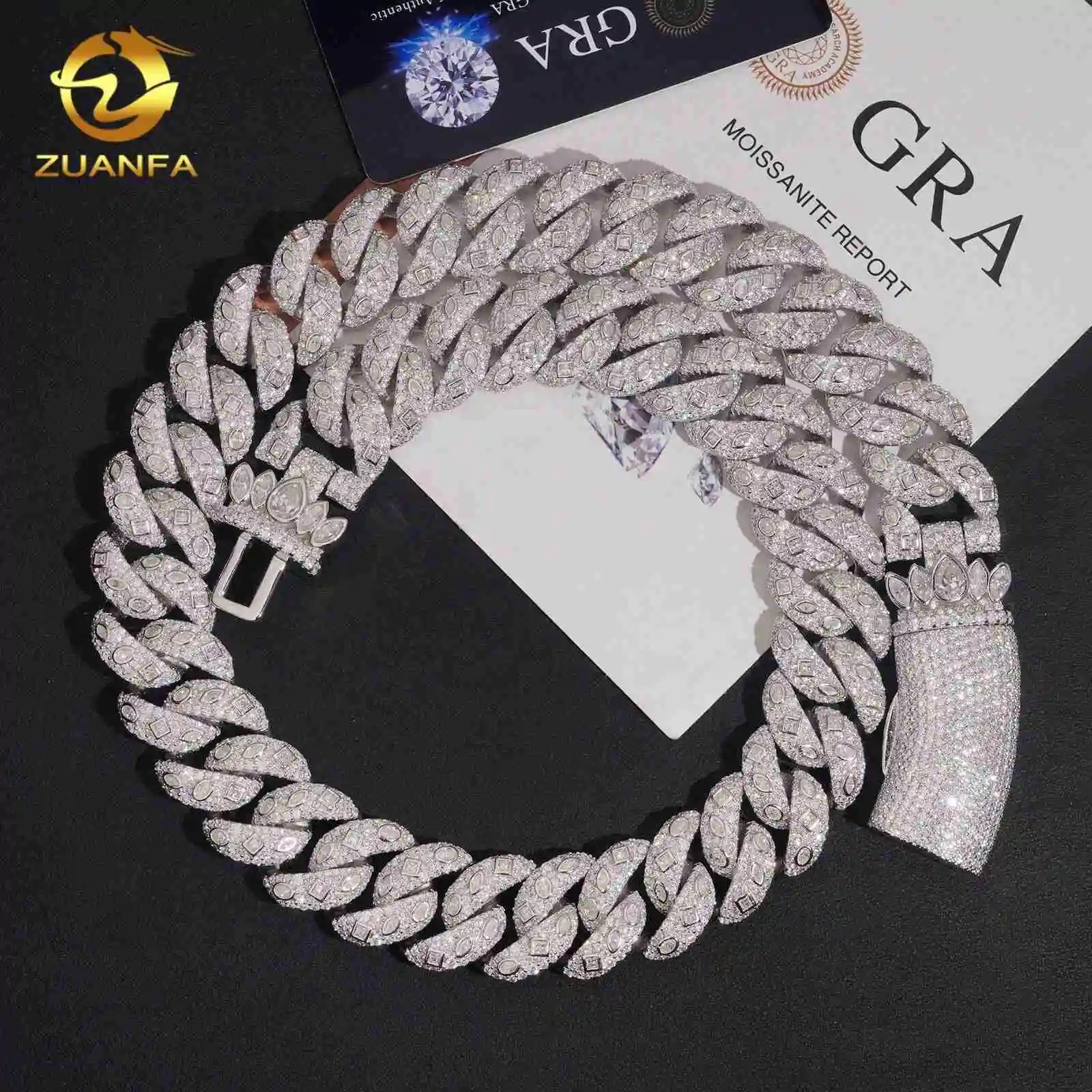 New Arrivals Luxury High Quality Iced Out Mens Hip Hop 925 Silver 20mm Fancy Shape Moissanite Cuban Link Chain，