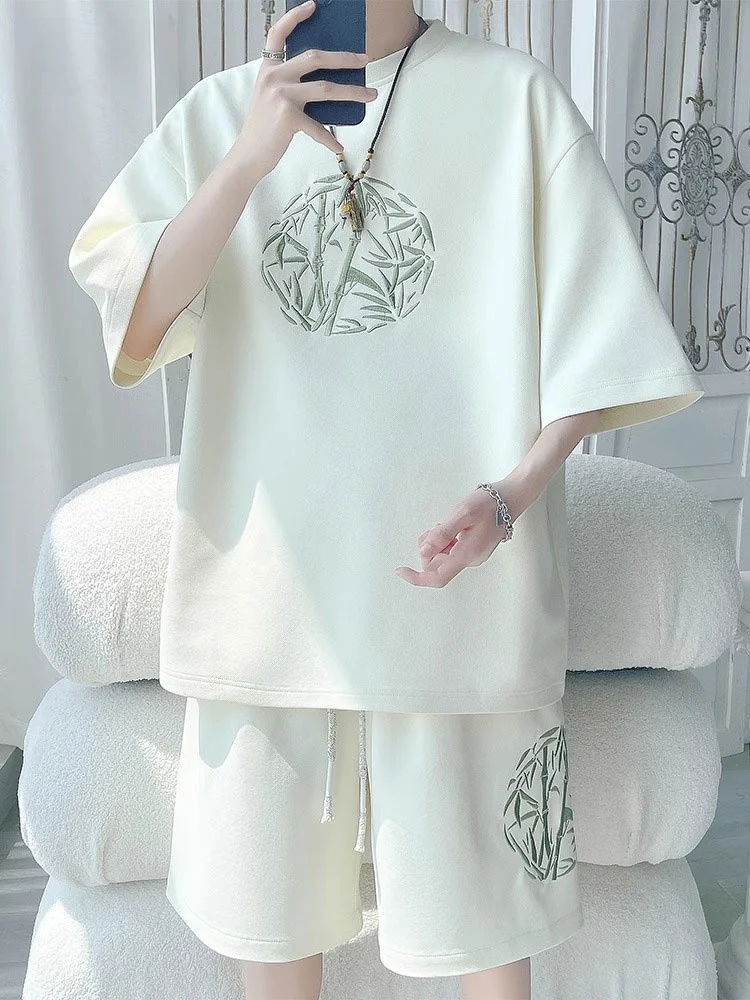 TUTK Ice Silk Casual Set Men's Summer New Chinese Style National Trend Bamboo Pattern Embroidery Sports Short Sleeve Shorts T...