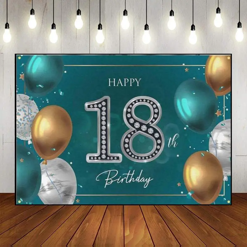 

Banner Happy 18th Birthday Balloon Golden Background Boy Girl Prince Princess Party Backdrop Wall 18 Years Photography Custom