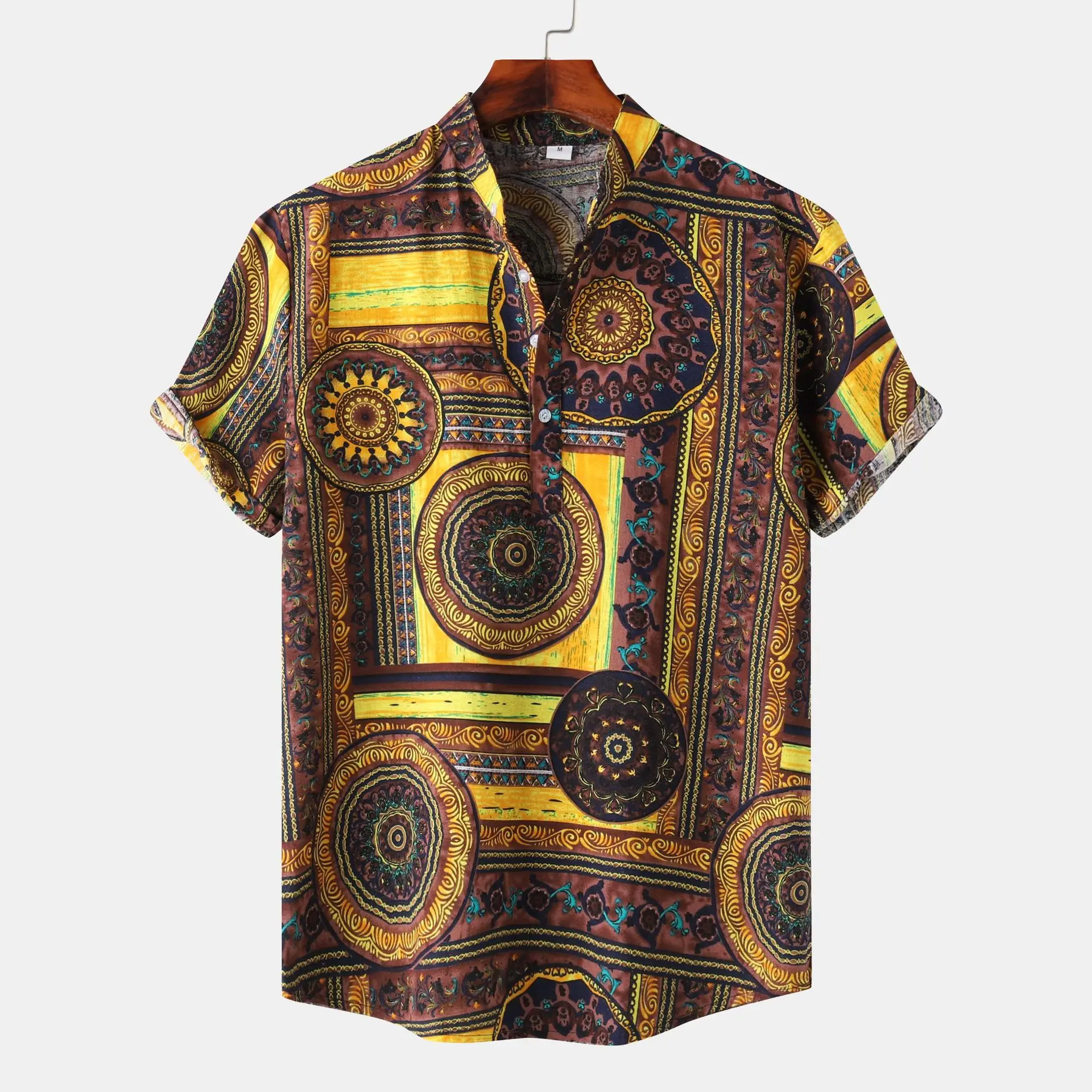 

Summer Men's Ethnic African Style Hawaiian Henley Shirt Short Sleeve Stand Collar Cotton Linen Beach Clothing Casual Loose Shirt