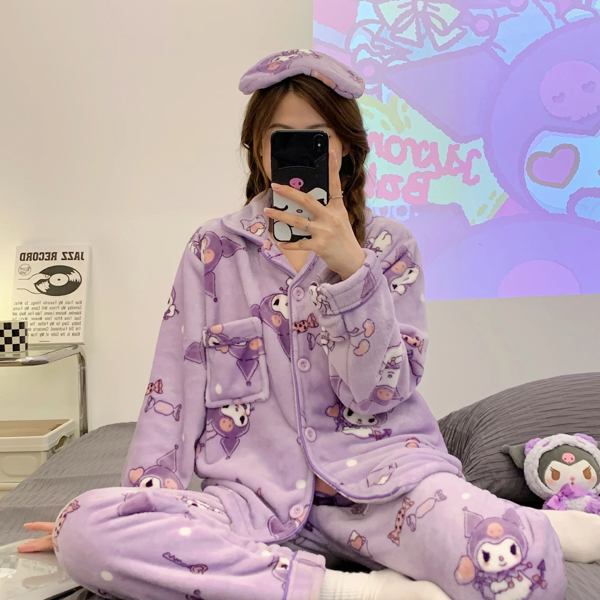 Sanrio Autumn and Winter Pajamas Women's Kawaii Pochacco Cinnamoroll Flannel Cartoon Hello Kitty Student Home Clothes Set Gift