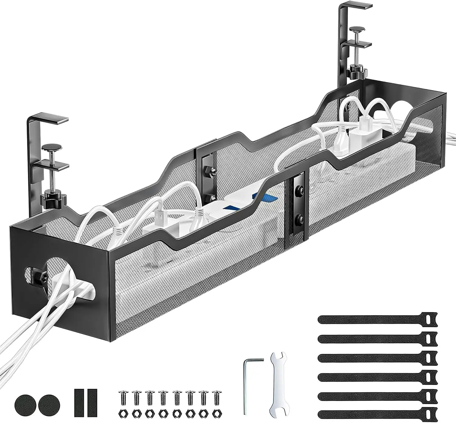 

Management Tray Black, Litwaro Cable Management Under Desk No Drill, 25'' Cable Tray with Clamp for Wire Manage
