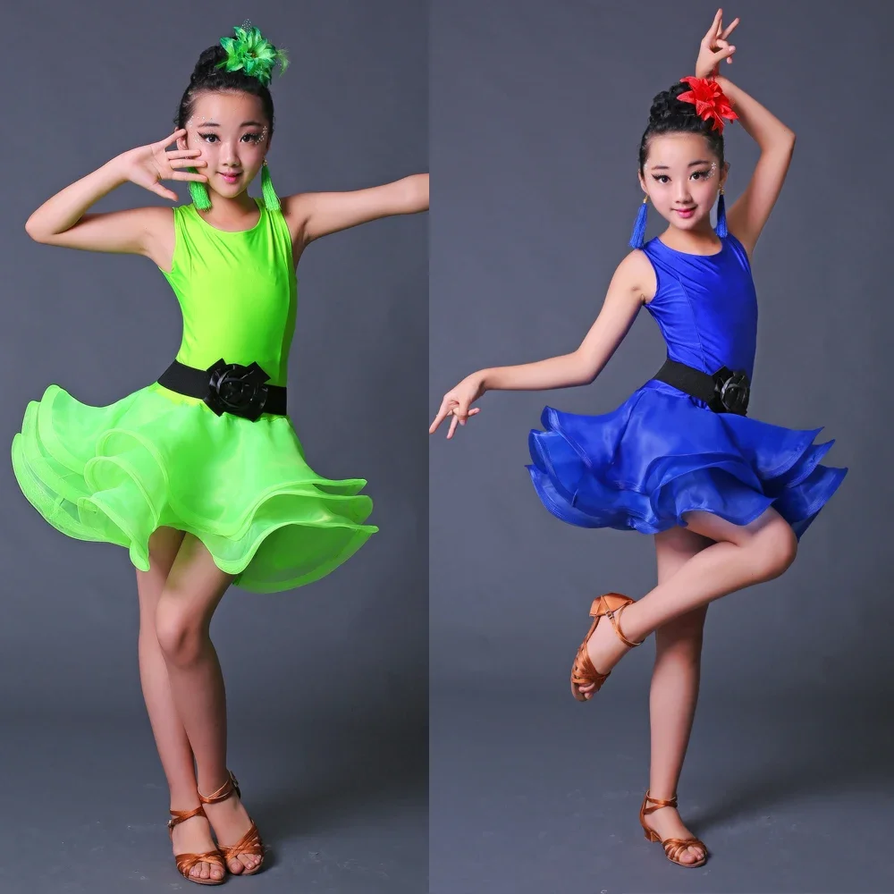 Vestido de baile latino profesional para niñas, azul y rojo, ropa de baile de salón para niños, trajes de baile de Salsa, trajes para fiesta y escenario