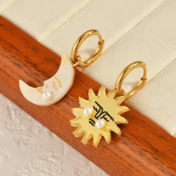 Seakissky Asymmetric Sun Moon Shaped Imitation Pearl Earrings Gold Plated Stainless Steel Charming Unique Jewelry Gift For Women