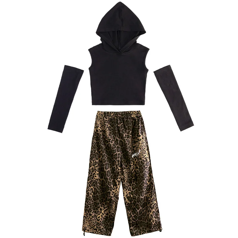 [5-17 Years Old] 2024 Girls Summer Crop Tops JAZZ Top Girls Loose Leopard Print Dance Performance Pants Hip Hop Girls