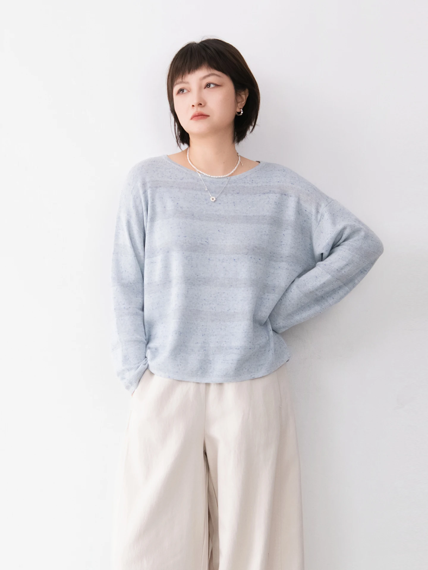 

Loose Fit Cashmere Wool round Neck Knitted Sweater Women's Spring New Style Lazy Casual Striped Pattern Overhead Top