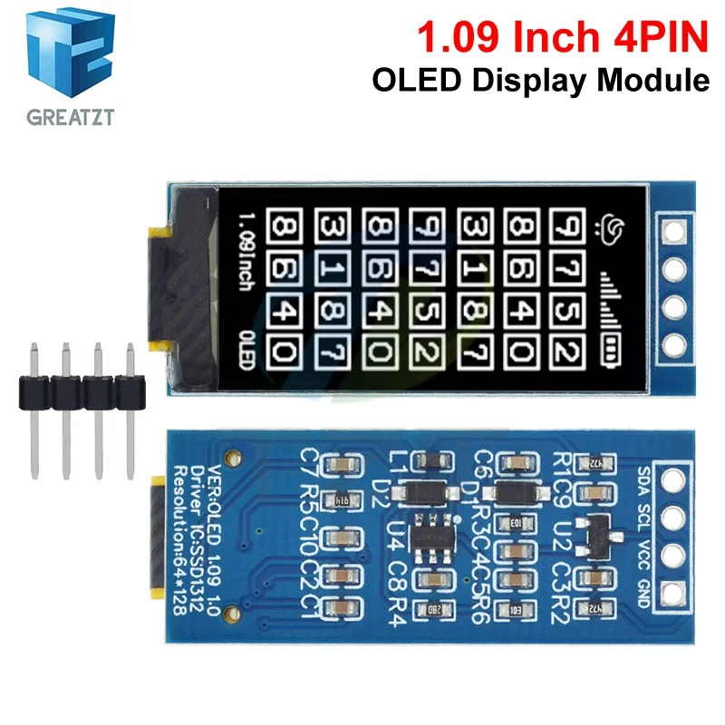 GREATZT 1,09 Zoll OLED-Displaymodul 128x64 Weiß SSD1312 I2C 4-Pin-Schnittstelle für Arduino Raspberry Pi, geringer Stromverbrauch, breiter Betrachtungswinkel