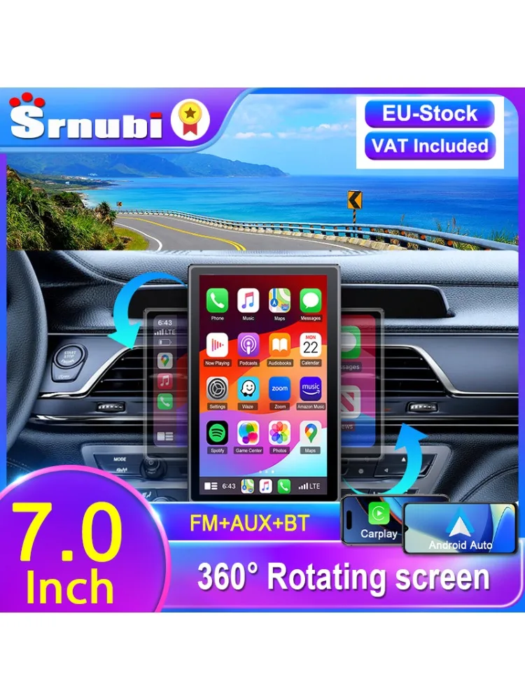 Tragbarer 7-Zoll-Multimedia-Player, kabelloser Carplay-Bildschirm, Touchscreen-Navigation, Bluetooth, unterstützt horizontale/vertikale Bildschirme