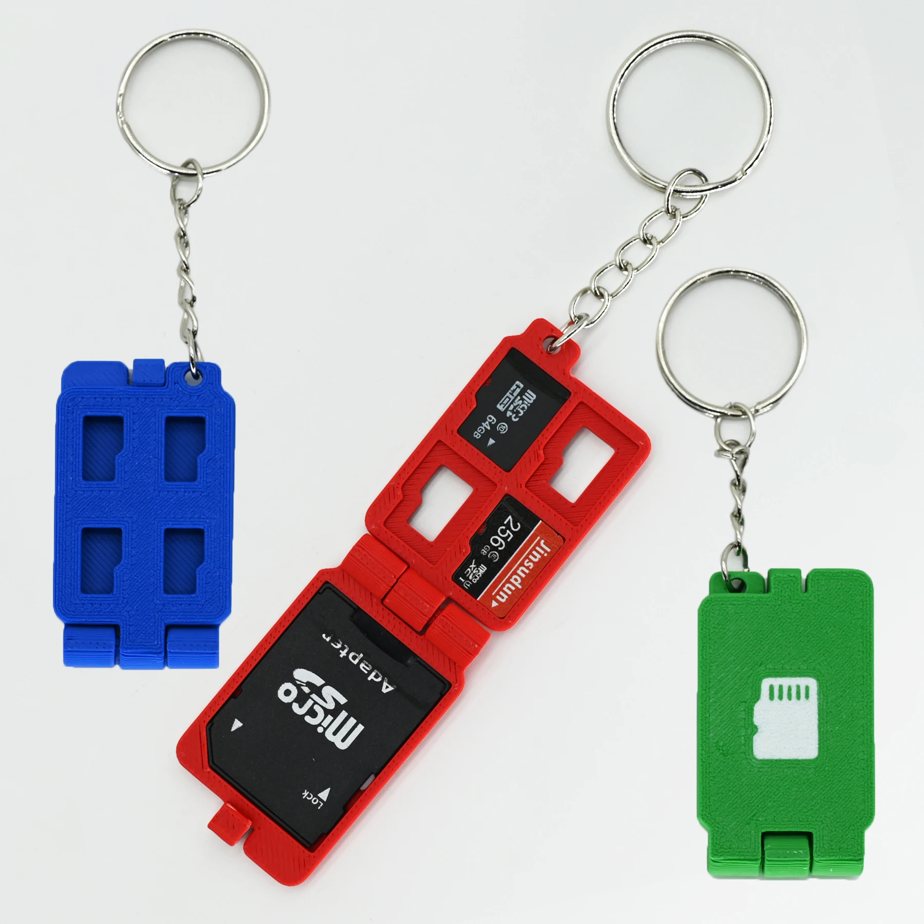 5-Card portable keychain memory card holder, can hold 4 microSD cards and 1 SD Card