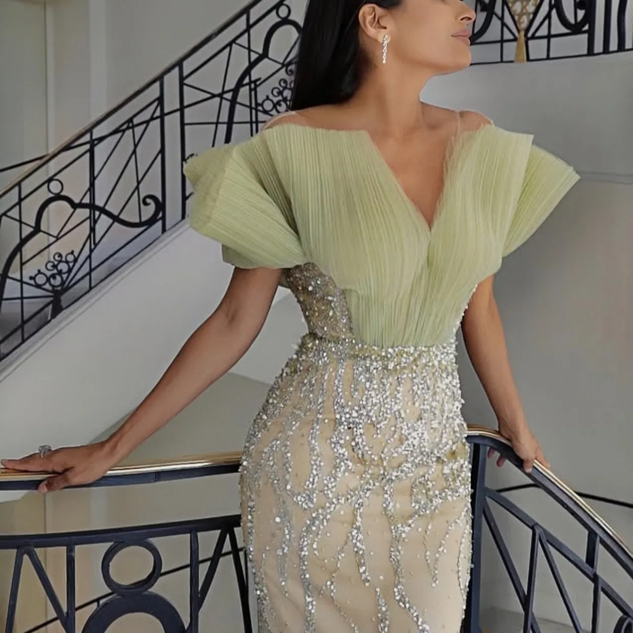 فستان أنيق بحورية البحر باللون الأخضر الحكيم للحفلات الراقصة 2025 عتيق من الدانتيل والترتر ثوب مسائي مخصص مناسبة للحفلات ملابس فاخرة دبي العربية