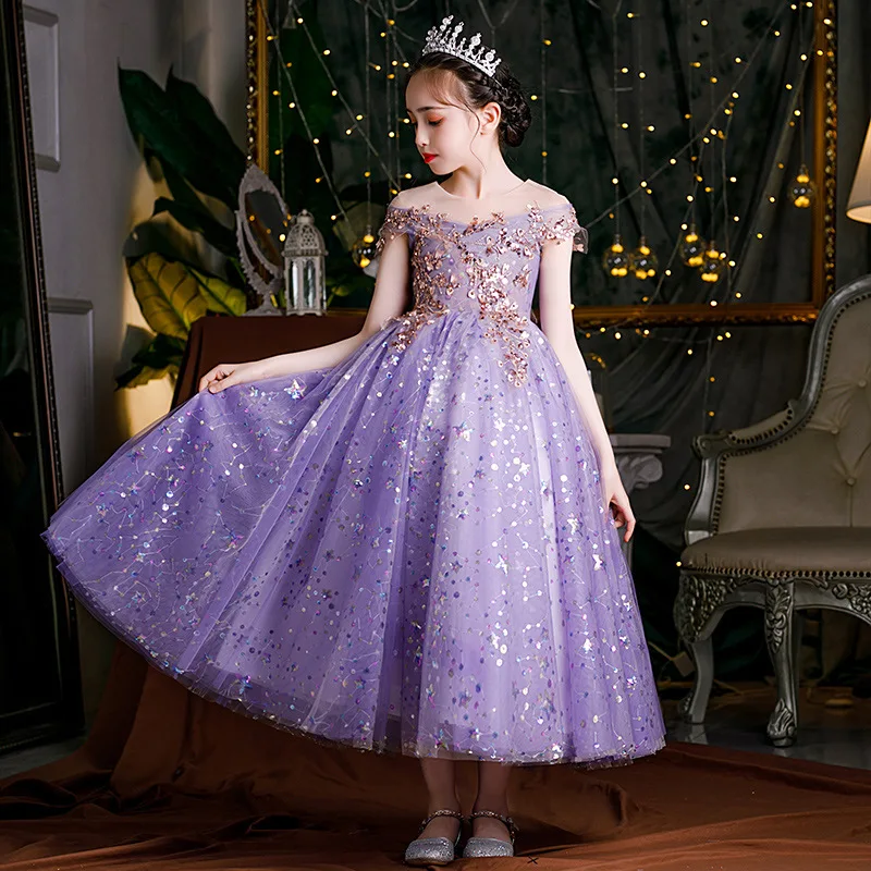 Kids Formal Occasion Purple Dresses for Girls Princess Costume Long Luxury 2023 Wedding Party Ball Gowns Cute Prom Evening Dress