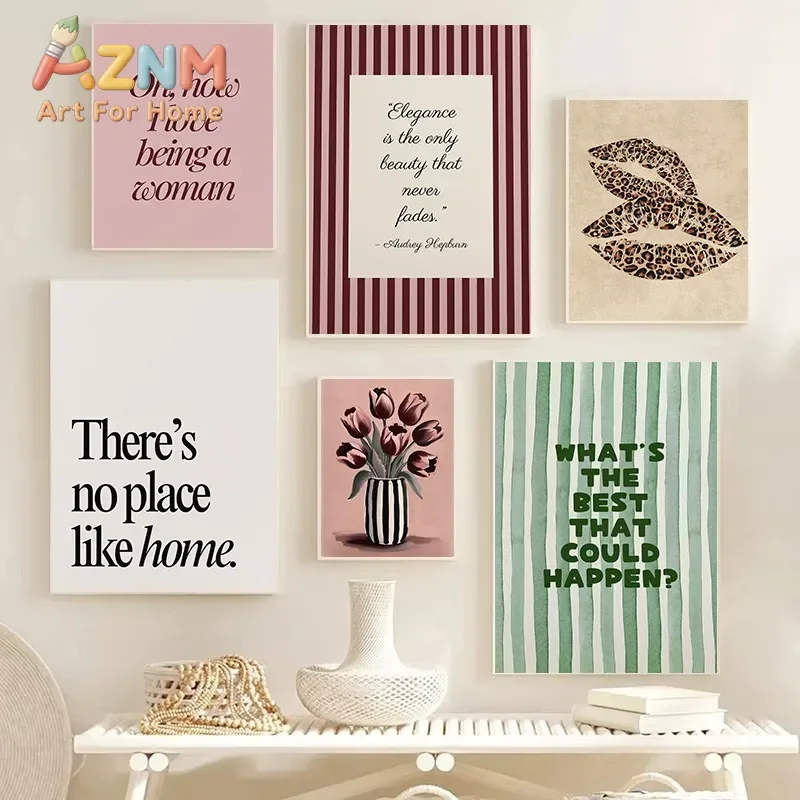 Fashion Positive Quotes Feminine Cherry&Lips Leopard Tulips Poster Canvas Painting Wall Art Pictures Home Living Room Decor