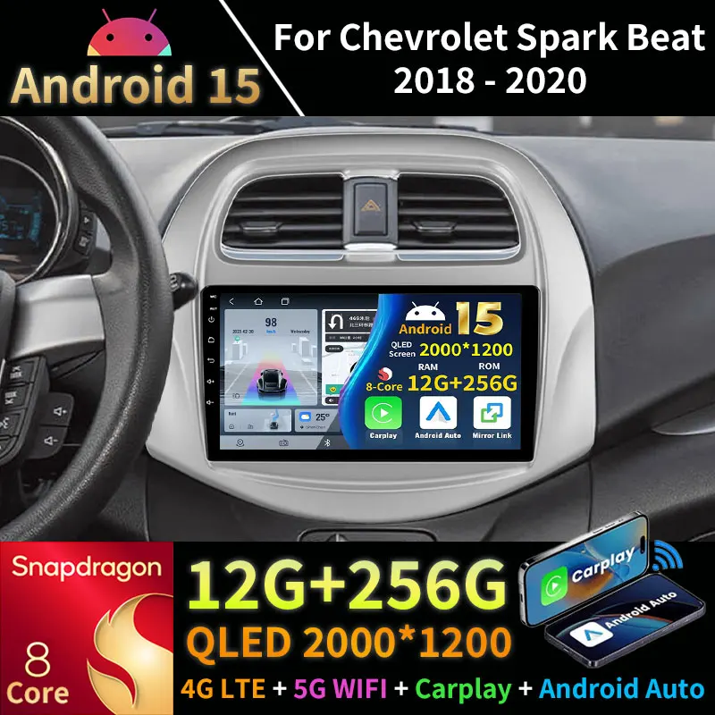 Radio para Auto con Android 15 para Chevrolet Spark Beat 2018-2020, Reproductor Multimedia de Video, Carplay Inalámbrico, Unidad Principal con DSP y Navegación