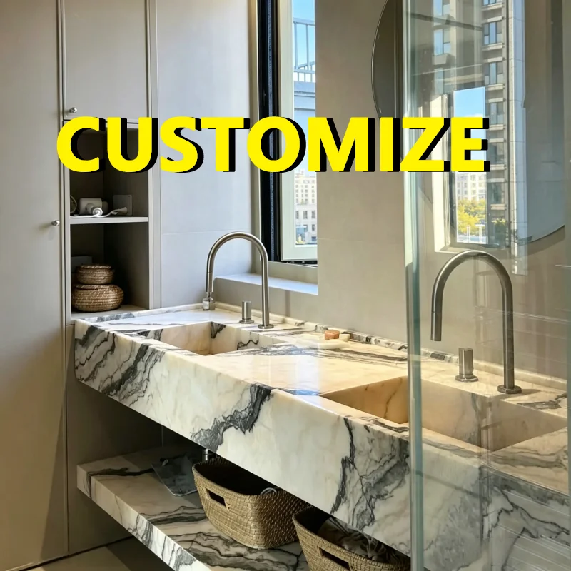 

Any Size Custom Modern Artistic Smoky Pink Marble Sink Seamless Integrated Design Watercolor Gradient Veins Multi Stone Bathroom
