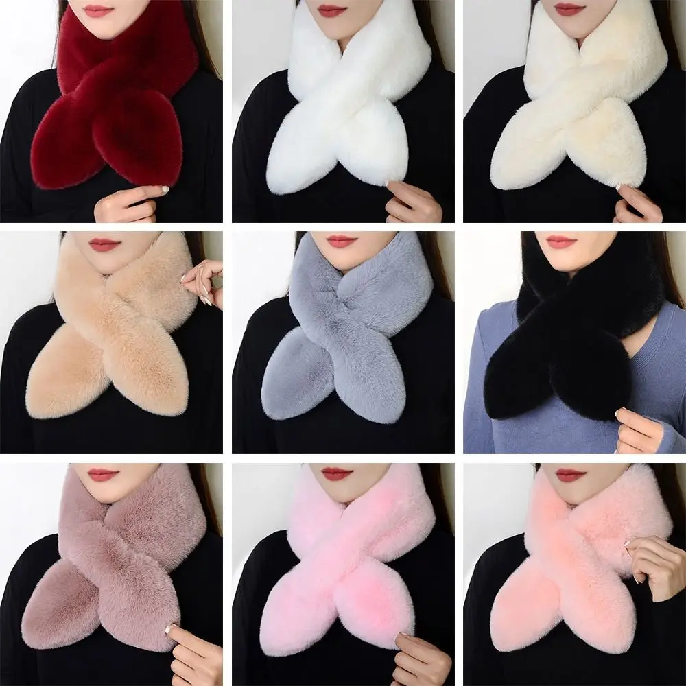

Cute Solid Color Cross Scarf Faux Rabbit Fur Plush Thicken Neck Scarf Neck Warmer Girls