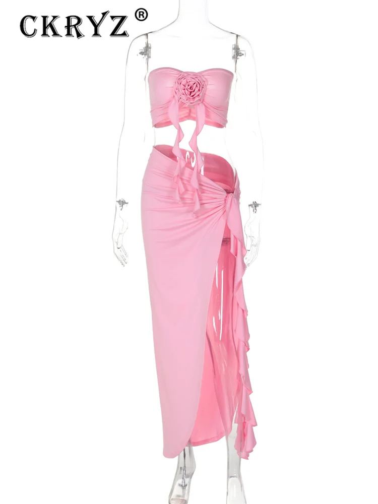 Dopasowany garnitur damski Aplikacja Bez ramiączek Ruched Crop Top Ruffles Split Midi Dress Set Women Summer Party Club Y2K Fashion Outfits — zdjęcie 6