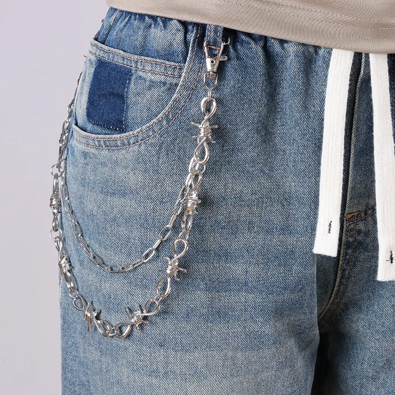 Barbed Wire Multi‑Layer Pants Chain Silver Metal Waist Chain Punk Gothic Jeans Keychain Hip‑Hop Street Fashion Ornament