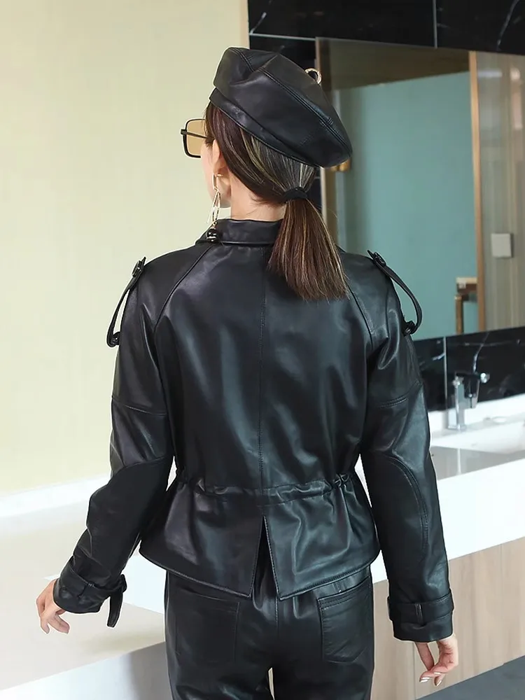 Office Ladies Sheepskin Genuine Leather Jacket Women Slim Fit Autumn Single Breasted Leather Coat Lapel Colllar Biker Outerwear