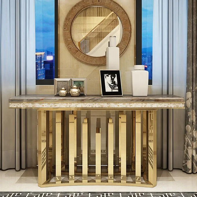 

/Hot Selling 2020 Latest New Modern Gold Long Narrow Stainless Steel Marble Top Console Table