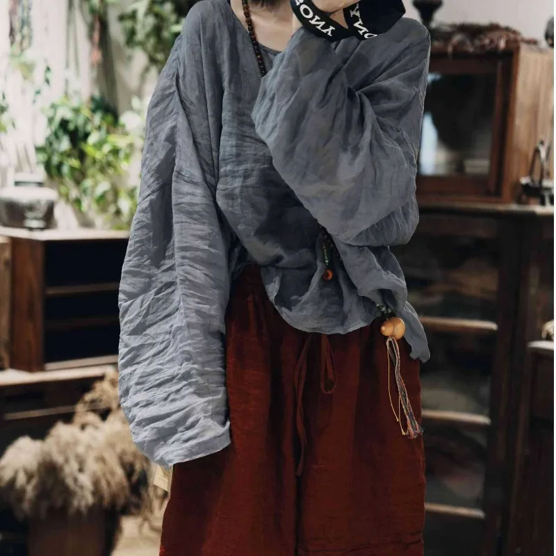 Autumn Fall 2026 Women Batwing Sleeve Casual Blouses and Shirts Vintage Solid Color Art Stylish Ramie Blouse Female Loose Tops