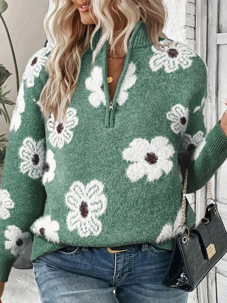 

Plus Size Casual Women's Comfort Sweater Plus Size Printed Pattern Drop Shoulder Sweater With Zip Crew Neck Pullover