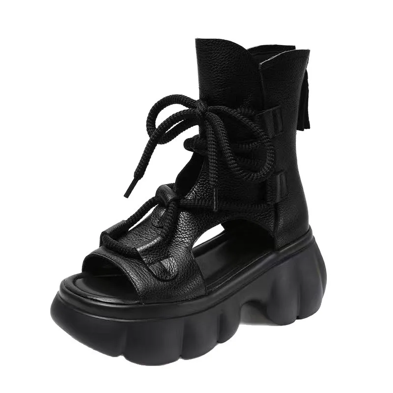 Thick Bottom Hollow-out Sandal Women's Summer 2025 New Retro Lace Muffin Light Luxury Short High-Top Mouth Sandals