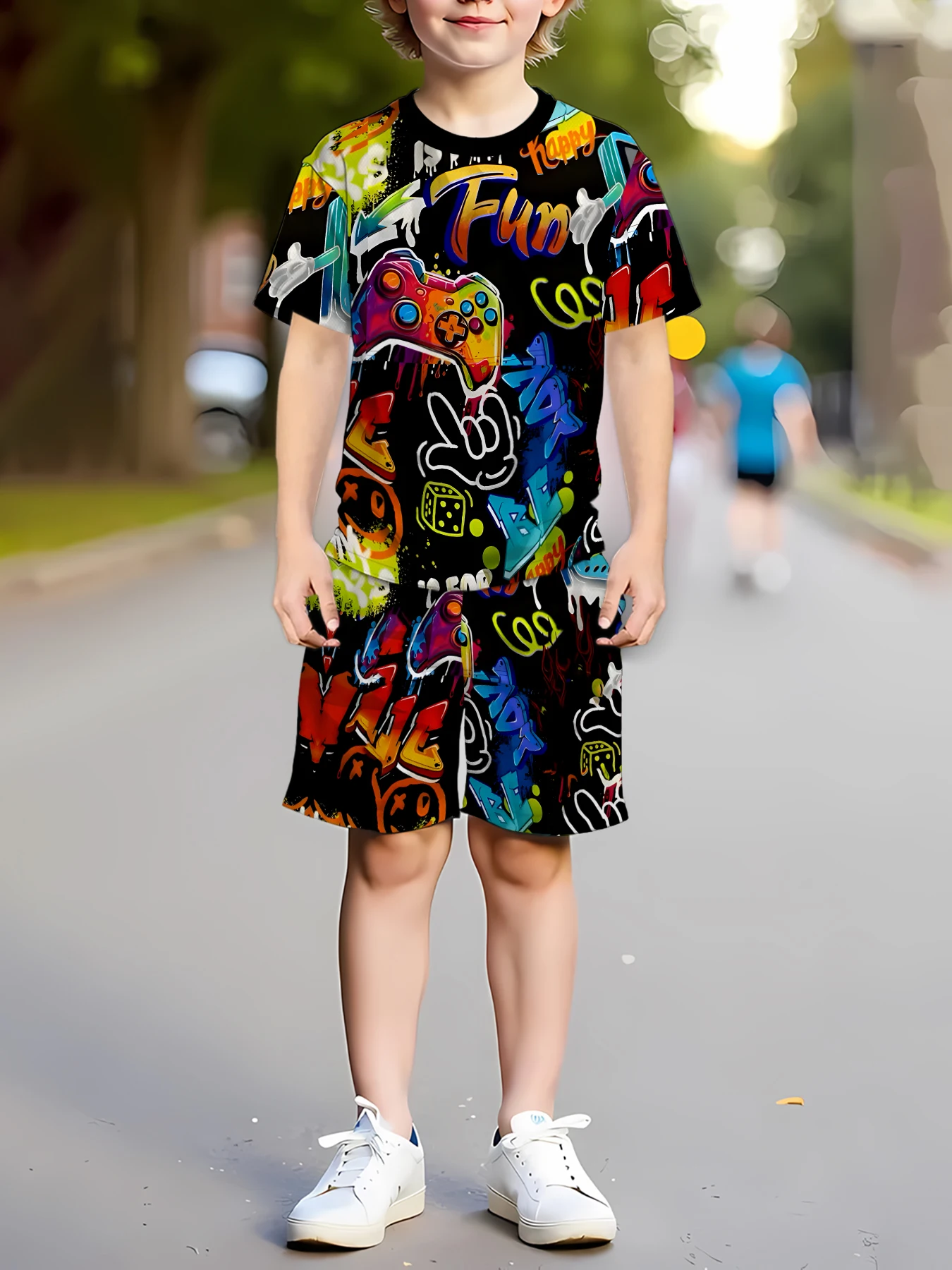 2026 Summer New Children's Set - Street Casual Roller Skating Fashion Comfortable Soft Breathable 3D Game Console Pattern Print