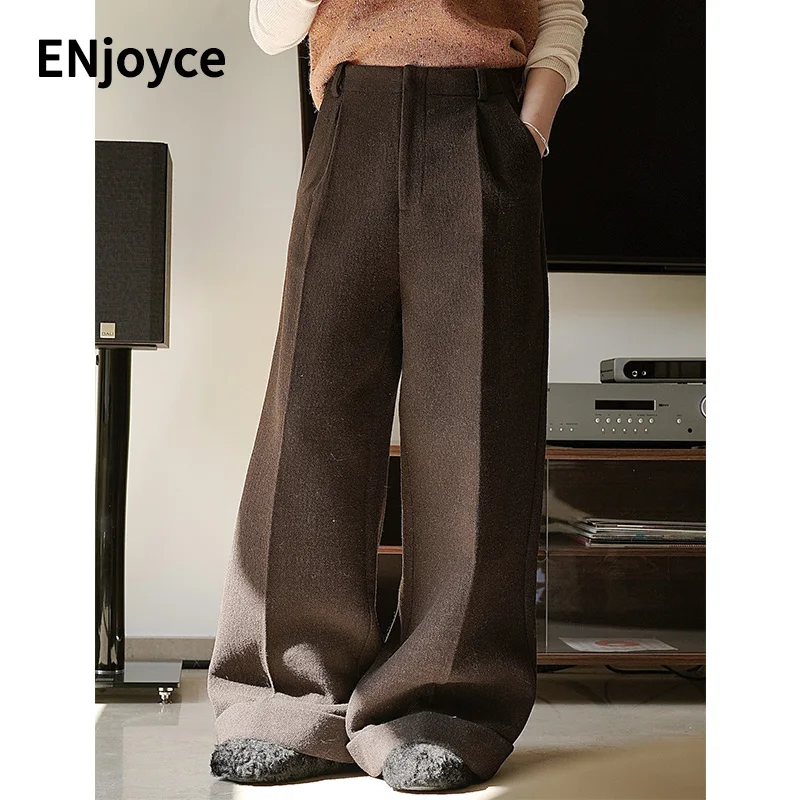 Women Loose Wool Tweed Thickened Wide Leg Suit Pants 2024 Winter Ladies Workwear Casual High Waist Warm Straight Trousers