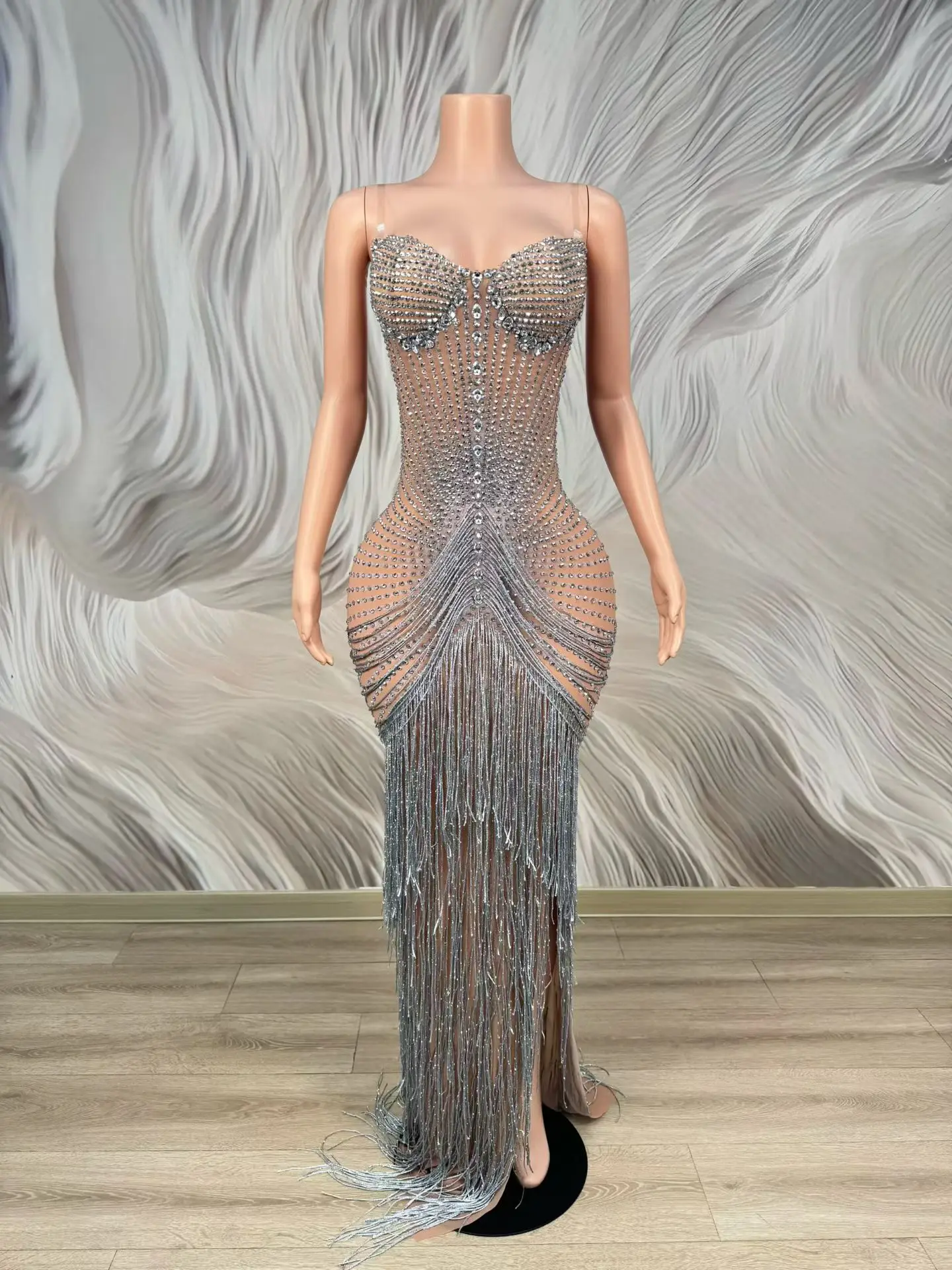 Longxu Silver Rhinestone Tassel Mermaid Maxi Dress Spaghetti Strap Sheer Mesh High Slit Evening Prom Gown for Women