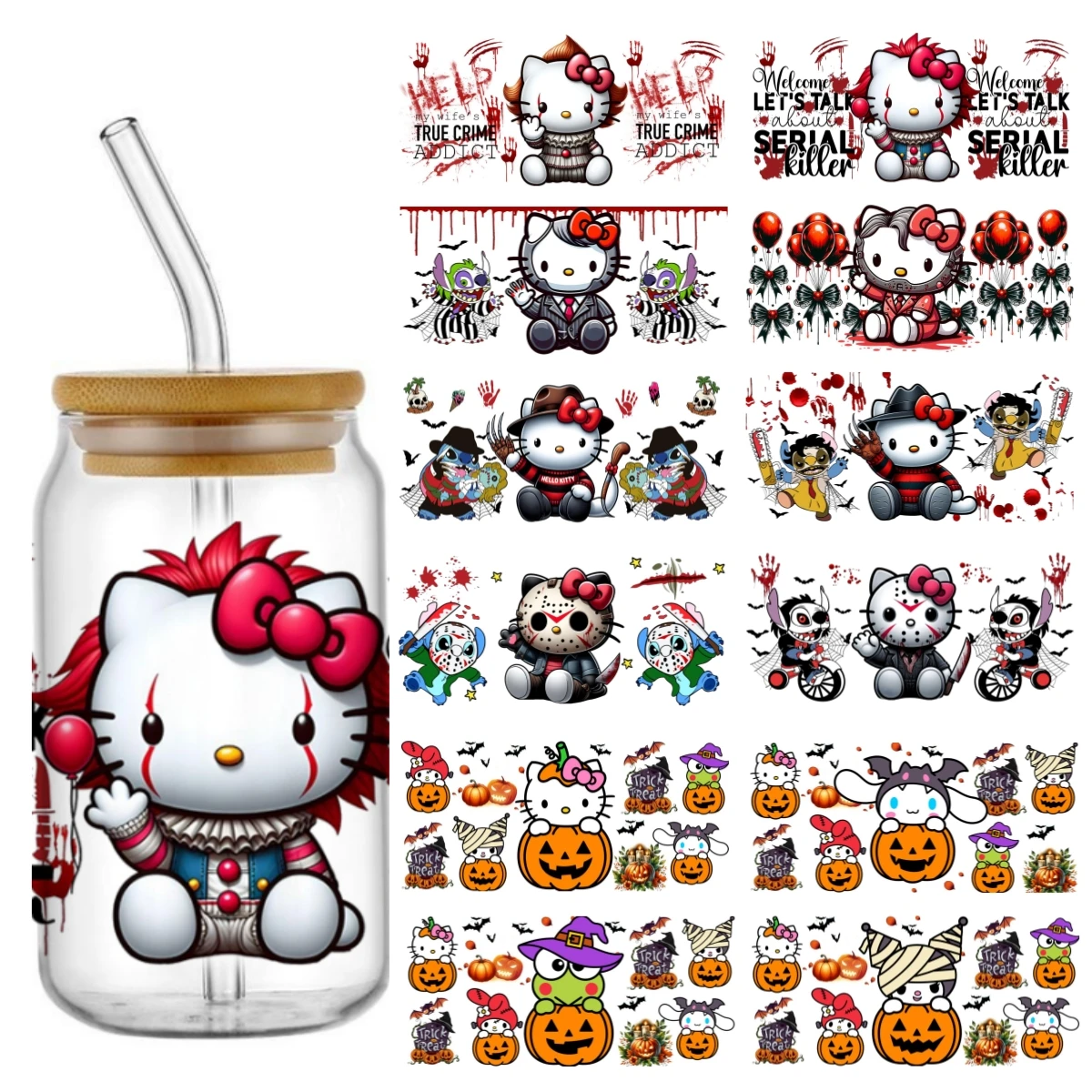 

Miniso Halloween Hello Kitty Horror series Stickers Waterproof UV DTF Cup Mug Wraps DIY 3D Wrap Decal For 16oz Libbey Glass cup