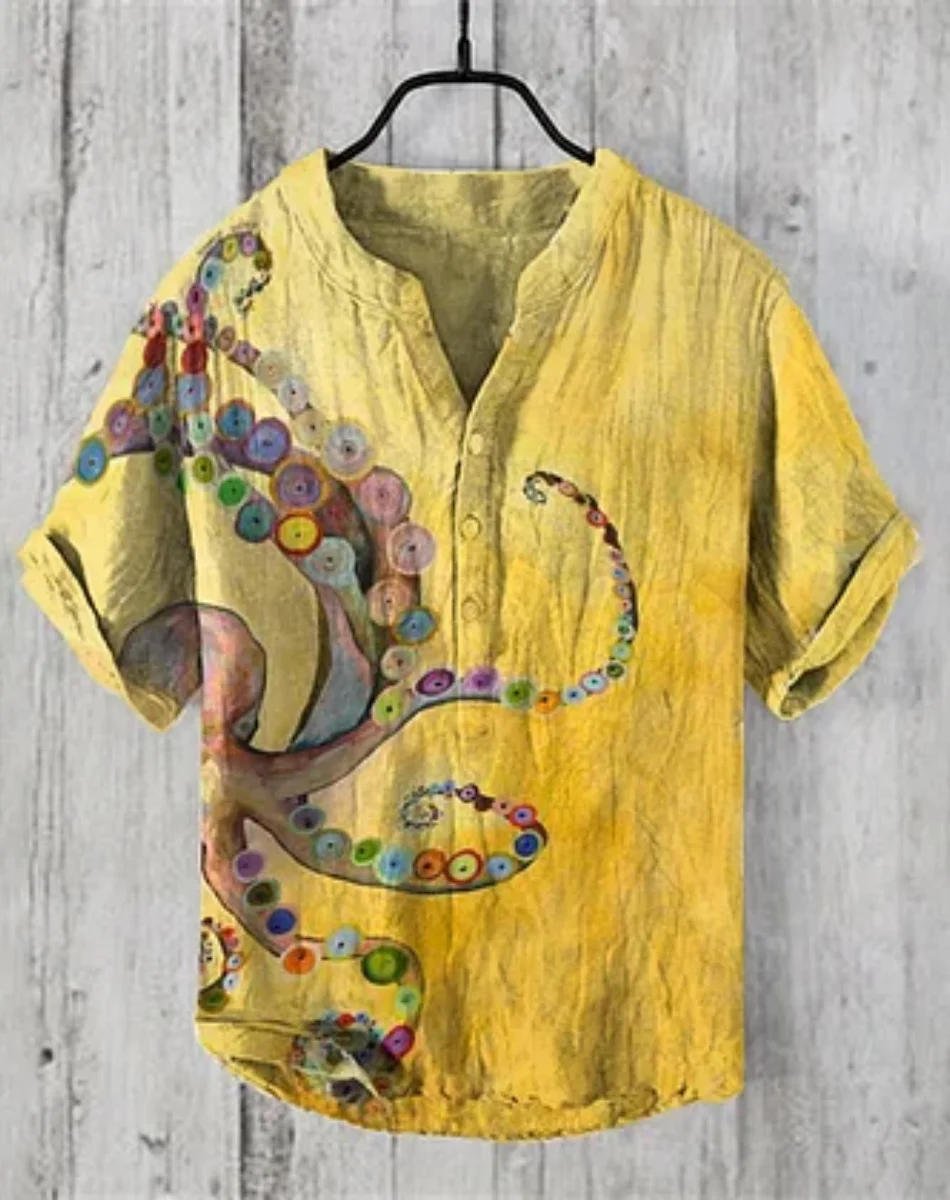 メンズシャツエスニックスタイル 3D 印刷メンズファッションプラスサイズボタンスタンドカラー半袖シャツ紳士服ハワイファスト d