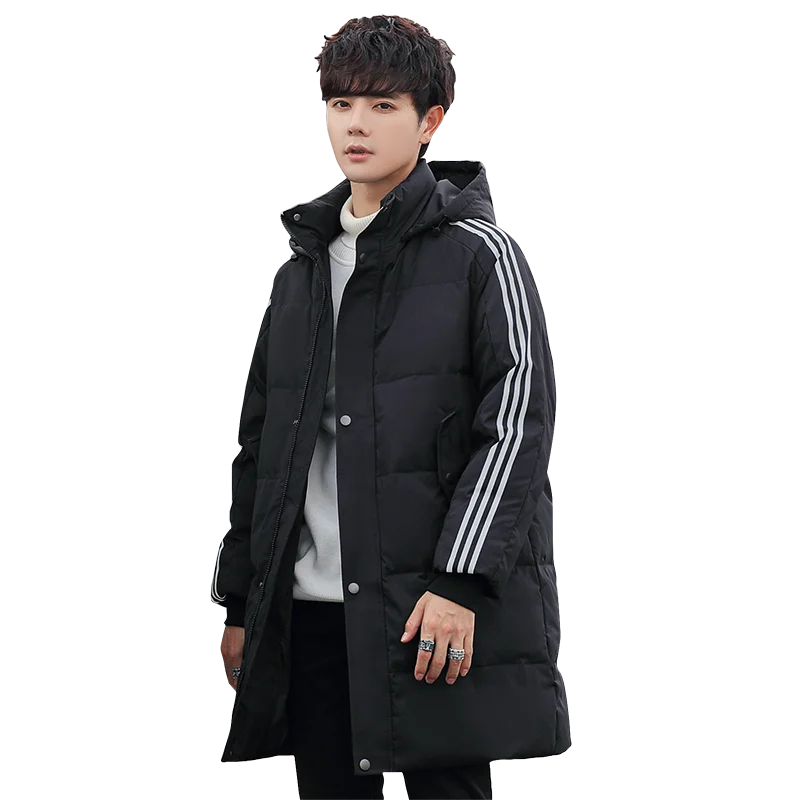 Couples down jacket long hooded coat fashion brand men and women explosive three-bar hooded white duck down coat outdoor casual