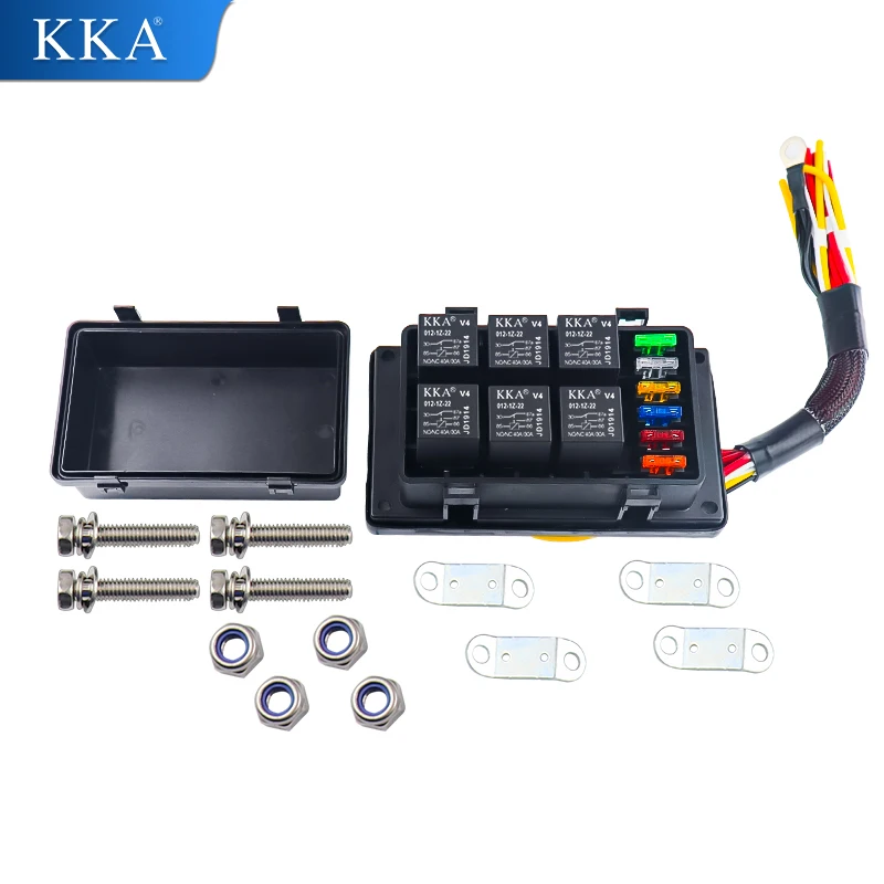 Boîte de relais étanche pré-câblée à 6 voies avec 6 relais et 6 fusibles ATC pour voitures camion bateau marin Jeep (avec kit de harnais)